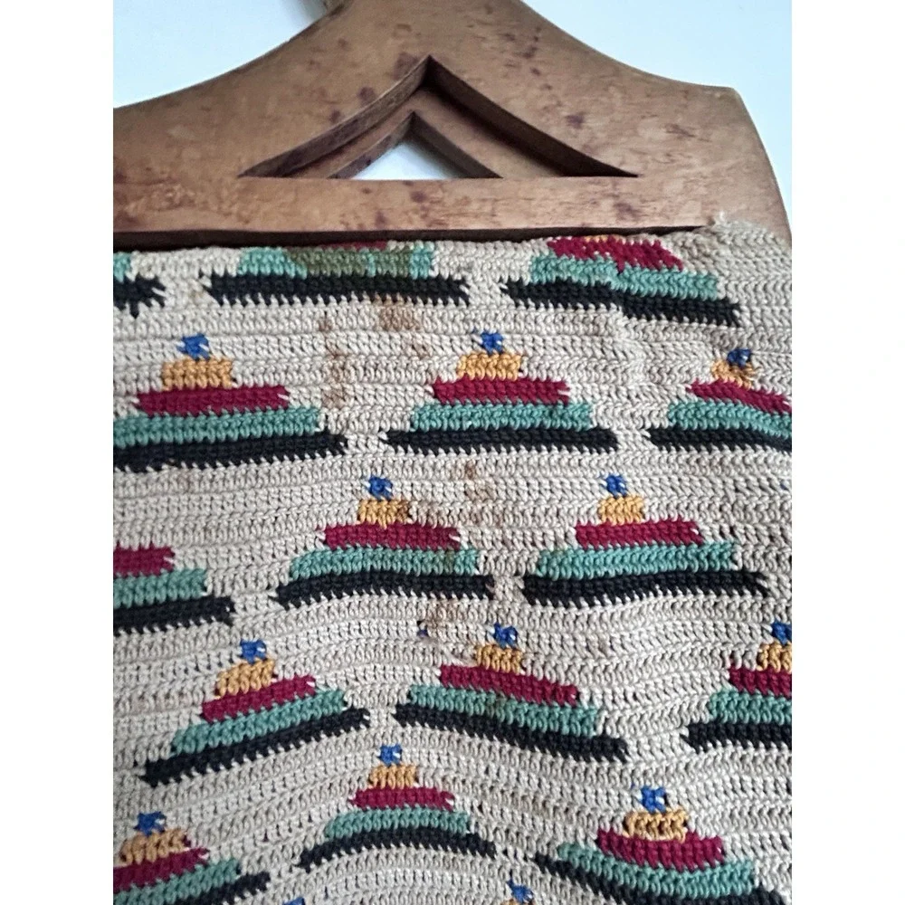 Vintage Tapestry Tight Knit Craft Bag Crochet Needlework Knitting Wood Handles - Picture 8 of 16